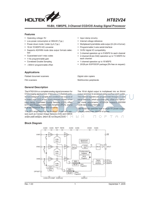 HT82V24 datasheet - 16-Bit, 15MSPS, 3-Channel CCD/CIS Analog Signal Processor