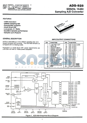 ADS-928 datasheet - 500kHz, 14-Bit Sampling A/D Converters