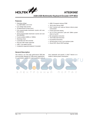 HT82K96E datasheet - 8-Bit USB Multimedia Keyboard Encoder OTP MCU