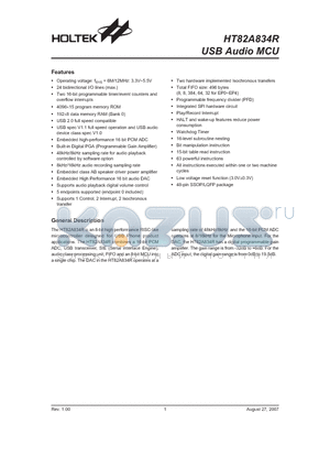 HT82A834R datasheet - USB Audio MCU