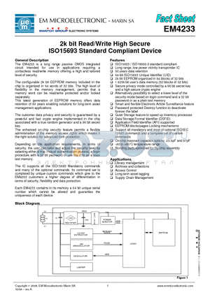 EM4233 datasheet - 2k bit Read/Write High Secure ISO15693 Standard Compliant Device