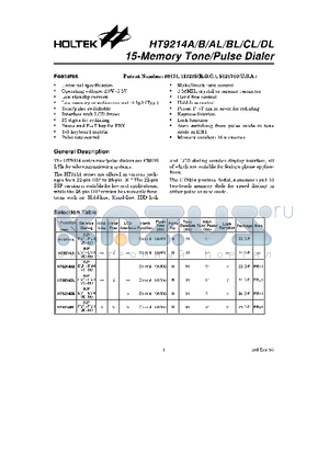 HT9214DL datasheet - 15-Memory Tone/Pulse Dialer