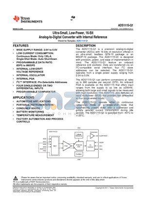 ADS1115-Q1 datasheet - Ultra-Small, Low-Power, 16-Bit Analog-to-Digital Converter with Internal Reference