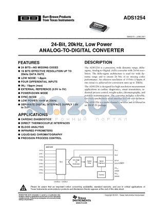ADS1254 datasheet - 24-Bit, 20kHz, Low Power ANALOG-TO-DIGITAL CONVERTER