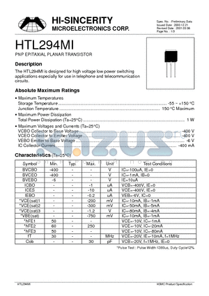 HTL294MI datasheet - PNP EPITAXIAL PLANAR TRANSISTOR