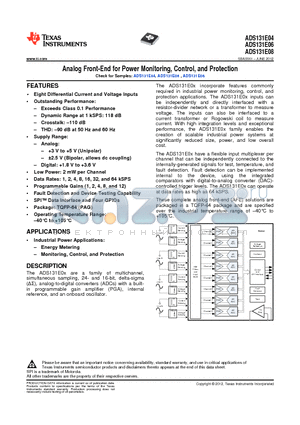 ADS131E08 datasheet - Analog Front-End for Power Monitoring, Control, and Protection