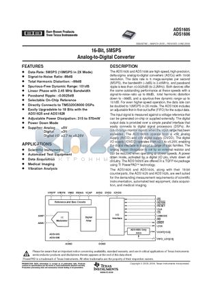 ADS1606 datasheet - 16 BIT 5MSPS ANALOG TO DIGITAL CONVERTER