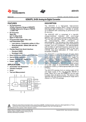 ADS1672IPAG datasheet - 625kSPS, 24-Bit Analog-to-Digital Converter