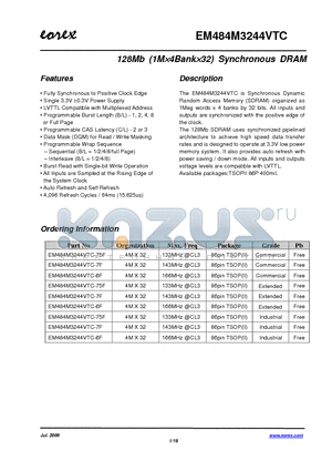 EM484M3244VTC datasheet - 128Mb (1M4Bank32) Synchronous DRAM