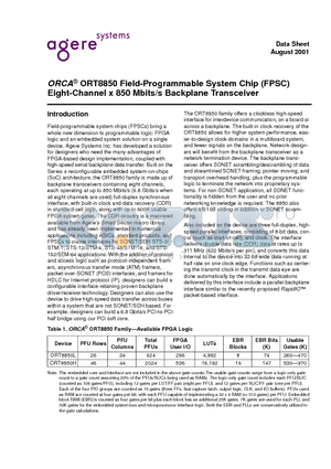 ORT8850 datasheet - Field-Programmable System Chip (FPSC) Eight-Channel x 850 Mbits/s Backplane Transceiver