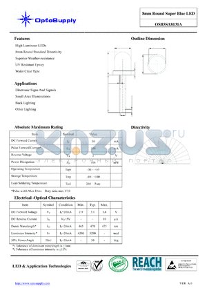 OSB5SA8131A datasheet - 8mm Round Super Blue LED