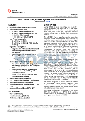 ADS5294 datasheet - Octal Channel 14-Bit, 80 MSPS High-SNR and Low-Power ADC