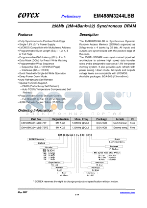 EM48BM3244LBB-75FE datasheet - 256Mb (2M4Bank32) Synchronous DRAM