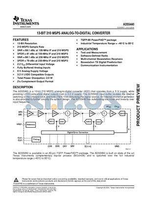 ADS5440IPFPR datasheet - 13-BIT 210 MSPS ANALOG-TO-DIGITAL CONVERTER