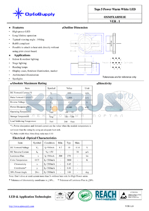 OSM5XAH5E1E datasheet - Tops 5 Power Warm White LED Long lifetime operation High-power LED