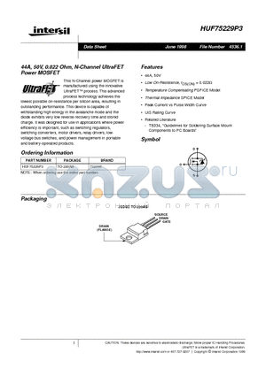 HUF75229P3 datasheet - 44A, 50V, 0.022 Ohm, N-Channel UltraFET Power MOSFET