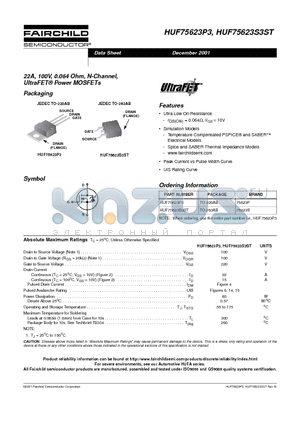 HUF75623S3ST datasheet - 22A, 100V, 0.064 Ohm, N-Channel, UltraFET Power MOSFETs