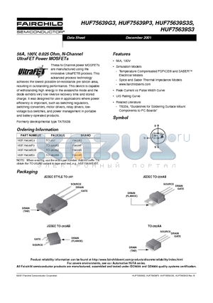 HUF75639S3S datasheet - 56A, 100V, 0.025 Ohm, N-Channel UltraFET Power MOSFETs