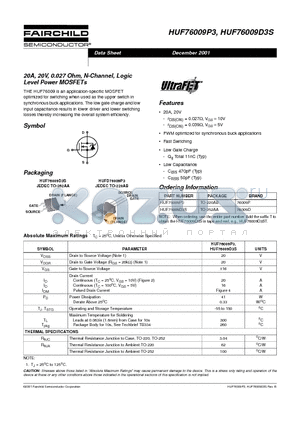 HUF76009P3 datasheet - 20A, 20V, 0.027 Ohm, N-Channel, Logic Level Power MOSFETs