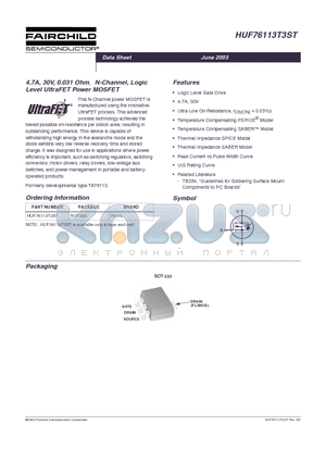 HUF76113T3ST datasheet - 4.7A, 30V, 0.031 Ohm, N-Channel, Logic Level UltraFET Power MOSFET