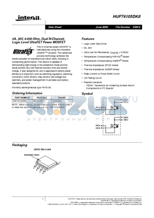 HUF76105DK8 datasheet - 5A, 30V, 0.050 Ohm, Dual N-Channel, Logic Level UltraFET Power MOSFET