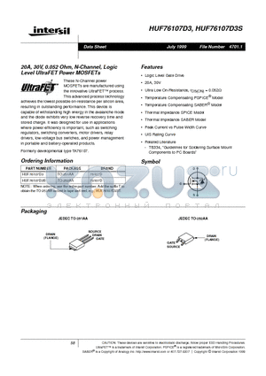 HUF76107D3 datasheet - 20A, 30V, 0.052 Ohm, N-Channel, Logic Level UltraFET Power MOSFETs