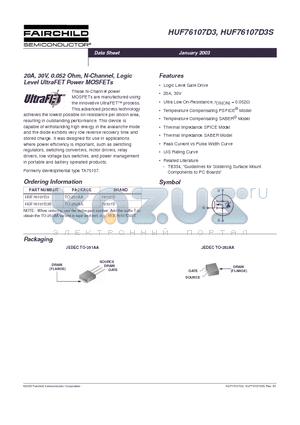 HUF76107D3S datasheet - 20A, 30V, 0.052 Ohm, N-Channel, Logic Level UltraFET Power MOSFETs