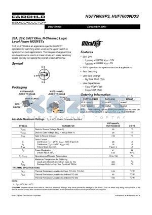 HUF76009D3S datasheet - 20A, 20V, 0.027 Ohm, N-Channel, Logic Level Power MOSFETs