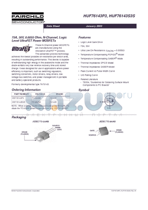 HUF76143P3 datasheet - 75A, 30V, 0.0055 Ohm, N-Channel, Logic Level UltraFET Power MOSFETs