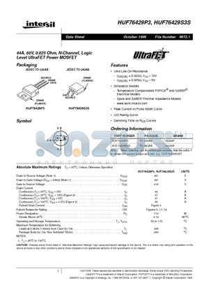 HUF76429P3 datasheet - 44A, 60V, 0.025 Ohm, N-Channel, Logic Level UltraFET Power MOSFET