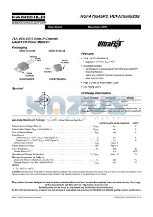 HUFA75545P3 datasheet - 75A, 80V, 0.010 Ohm, N-Channel, UltraFET Power MOSFET