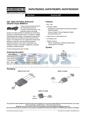 HUFA75639P3 datasheet - 56A, 100V, 0.025 Ohm, N-Channel UltraFET Power MOSFETs