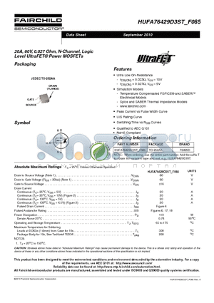 HUFA76429D3ST datasheet - 20A, 60V, 0.027 Ohm, N-Channel, Logic Level UltraFET^ Power MOSFETs