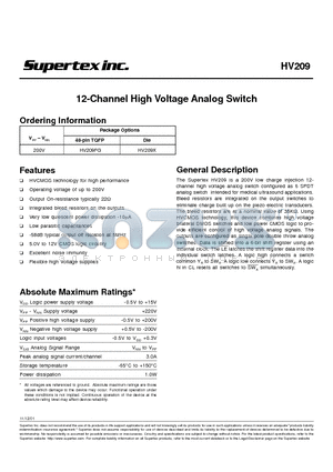 HV209FG datasheet - 12-Channel High Voltage Analog Switch