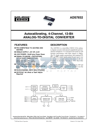 ADS7832BN datasheet - Autocalibrating, 4-Channel, 12-Bit ANALOG-TO-DIGITAL CONVERTER