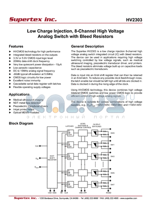 HV2303 datasheet - Low Charge Injection, 8-Channel High Voltage  Analog Switch with Bleed Resistors