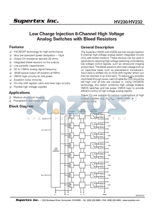 HV232 datasheet - Low Charge Injection 8-Channel High Voltage Analog Switches with Bleed Resistors