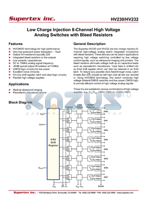 HV230 datasheet - Low Charge Injection 8-Channel High Voltage Analog Switches with Bleed Resistors