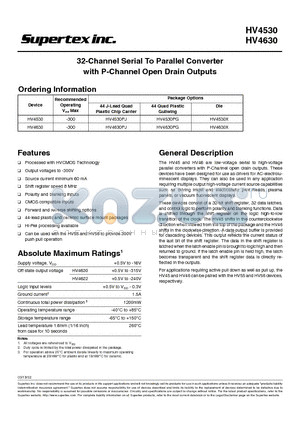 HV4630X datasheet - 32-Channel Serial To Parallel Converter with P-Channel Open Drain Outputs