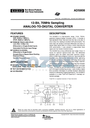 ADS808Y/250 datasheet - 12-Bit, 70MHz Sampling ANALOG-TO-DIGITAL CONVERTER