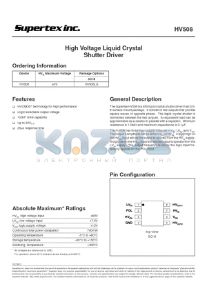 HV508 datasheet - High Voltage Liquid Crystal Shutter Driver