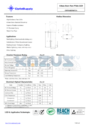 OSW44D56F1A datasheet - 4.8mm Straw Pure White LED