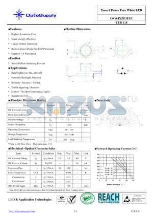 OSW4XZE1E1E datasheet - Xeon 1 Power Pure White LED Super energy efficiency Highest Luminous Flux