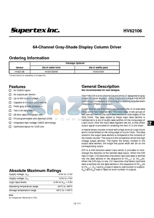 HV62106 datasheet - 64-Channel Gray-Shade Display Column Driver