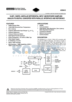 ADS8412 datasheet - 16-BIT, 2 MSPS, UNIPOLAR DIFFERENTIAL INPUT, MICROPOWER SAMPLING ANALOG-TO-DIGITAL CONVERTER WITH PARALLEL INTERFACE AND REFERENCE