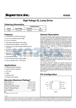 HV830 datasheet - High Voltage EL Lamp Driver