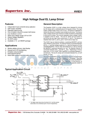 HV831 datasheet - High Voltage Dual EL Lamp Driver