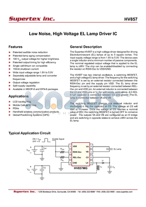 HV857 datasheet - Low Noise, High Voltage EL Lamp Driver IC