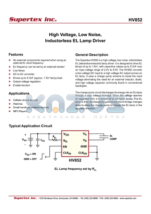 HV852 datasheet - High Voltage, Low Noise, Inductorless EL Lamp Driver