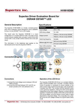 HV9910DB6 datasheet - Supertex Driver Evaluation Board for OSRAM OSTAR LED